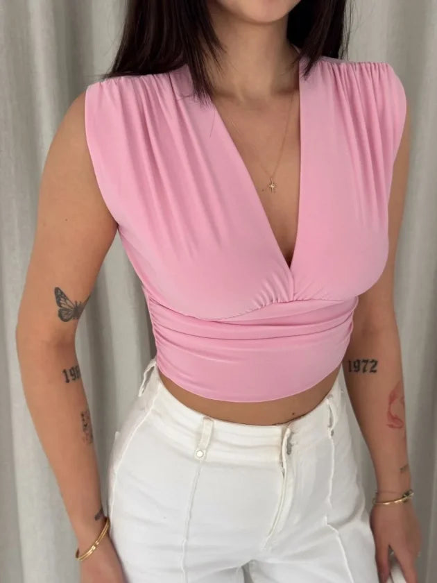 Vatkalı Kolsuz V Yaka Drapeli Crop Bluz Likralı Fit - Pembe (186708)