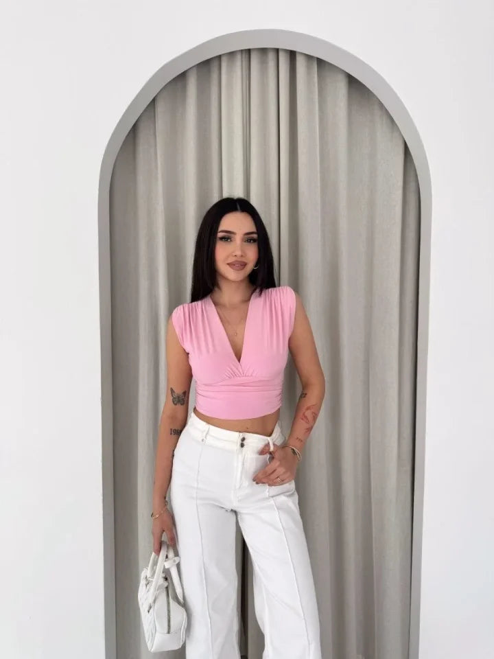 Vatkalı Kolsuz V Yaka Drapeli Crop Bluz Likralı Fit - Pembe (186708)