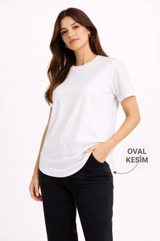 Basic T-Shirt Kısa Kol Bisiklet Yaka Oval Kesim Tişört - Beyaz (186712)