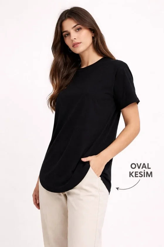 Basic T-Shirt Kısa Kol Bisiklet Yaka Oval Kesim Tişört - Siyah (186713)