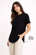 Basic T-Shirt Kısa Kol Bisiklet Yaka Oval Kesim Tişört - Siyah (186713)