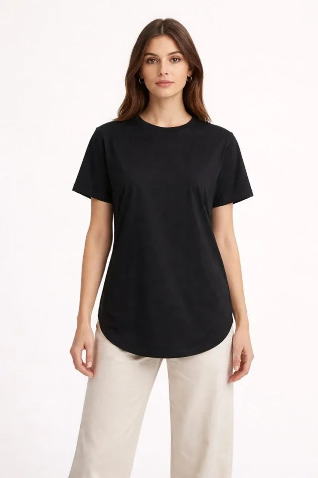 Basic T-Shirt Kısa Kol Bisiklet Yaka Oval Kesim Tişört - Siyah (186713)