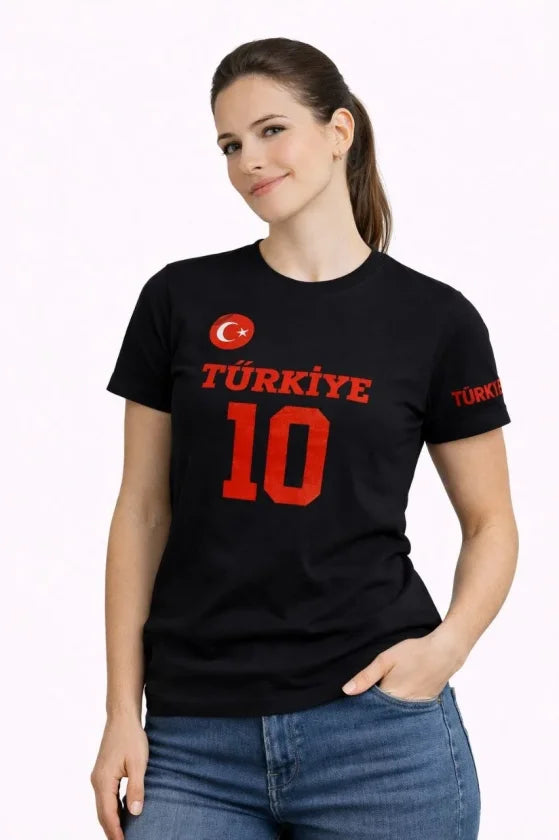 TÜRKİYE Ay Yıldız Baskılı 10 Numara Forma Tişört Taraftar T-Shirt - Siyah (186734)