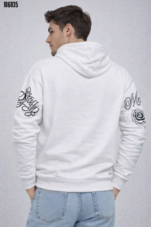 Erkek 3 İplik Pamuklu Kapüşonlu Baskılı SweatShirt Hoodie Beyaz