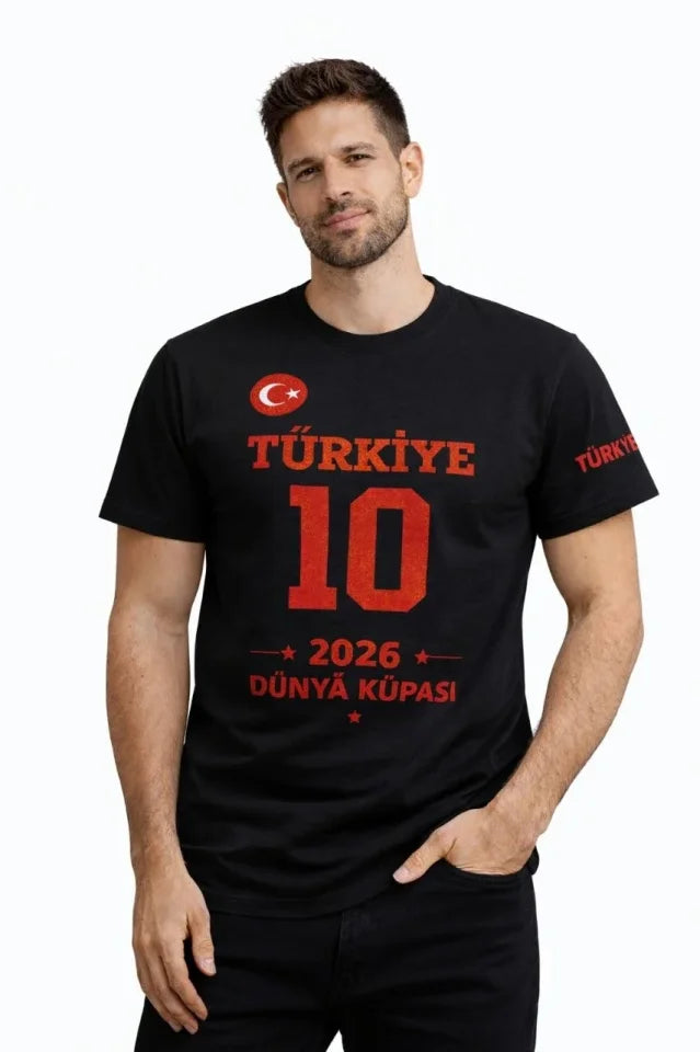 Erkek TÜRKİYE Baskılı Tişört 2026 Dünya Kupası Taraftar Forma T-Shirt - Siyah (186838)