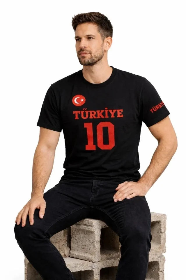 Erkek TÜRKİYE Ay Yıldız Baskılı 10 Numara Forma Tişört Taraftar T-Shirt - Siyah (186843)