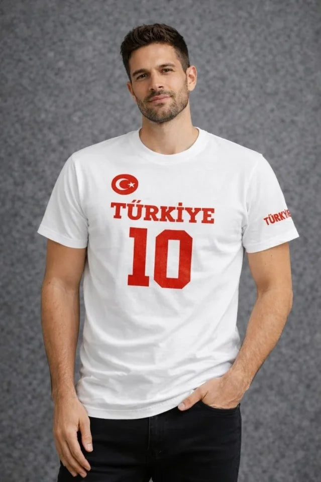 Erkek TÜRKİYE Ay Yıldız Baskılı 10 Numara Forma Tişört Taraftar T-Shirt - Beyaz (186846)