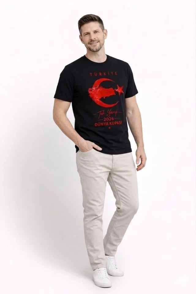 Erkek TÜRKİYE Ay Yıldız Baskılı Taraftar Forma T-Shirt - Siyah (186847)