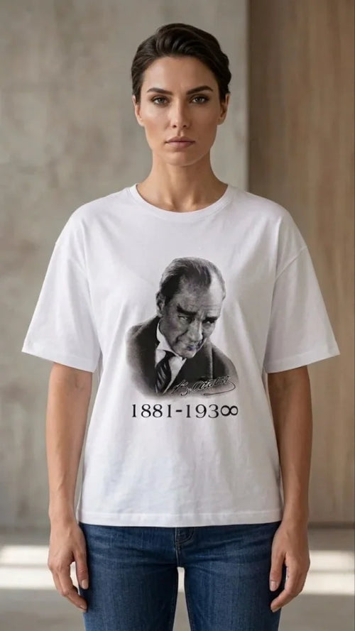 Atatürk Baskılı Tişört Kısa Kollu Bisiklet Yaka T-Shirt - Beyaz (187654)