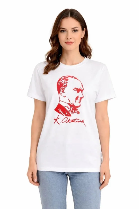 Atatürk Baskılı Tişört Kısa Kollu Bisiklet Yaka T-Shirt - Beyaz (187655)