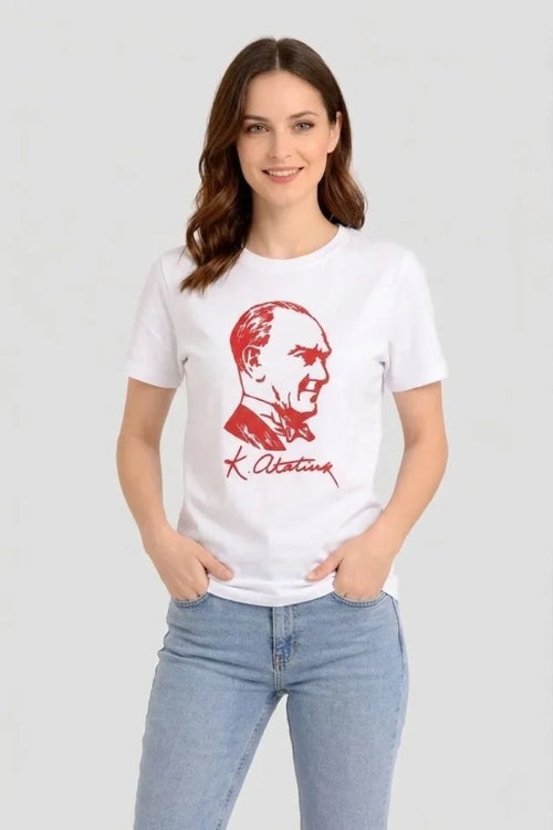 Atatürk Baskılı Tişört Kısa Kollu Bisiklet Yaka T-Shirt - Beyaz (187655)