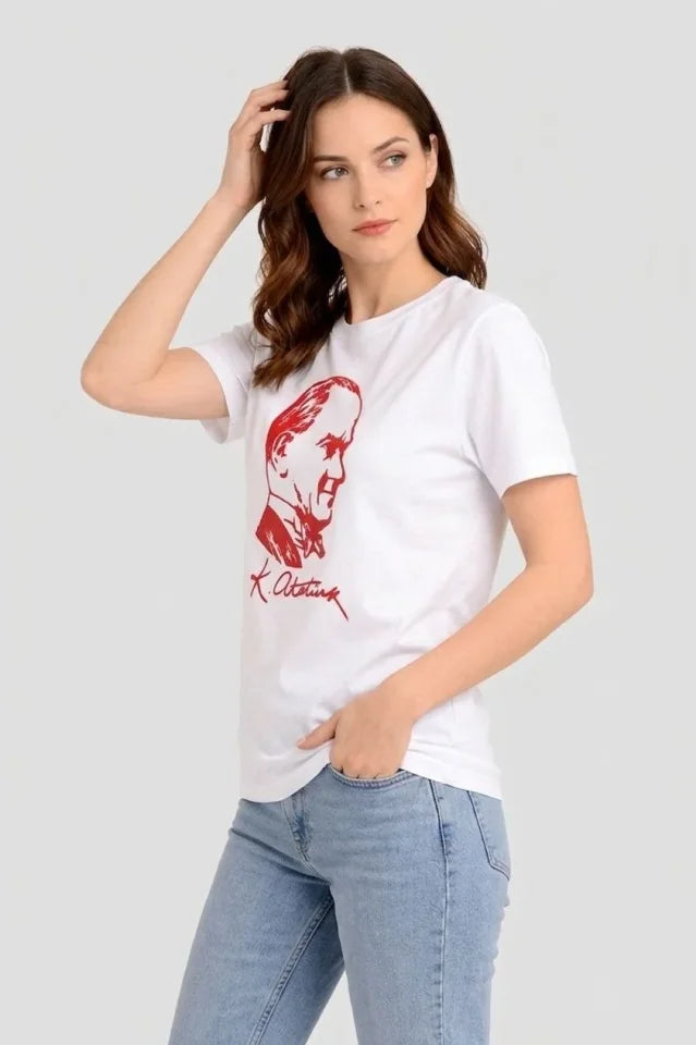 Atatürk Baskılı Tişört Kısa Kollu Bisiklet Yaka T-Shirt - Beyaz (187655)