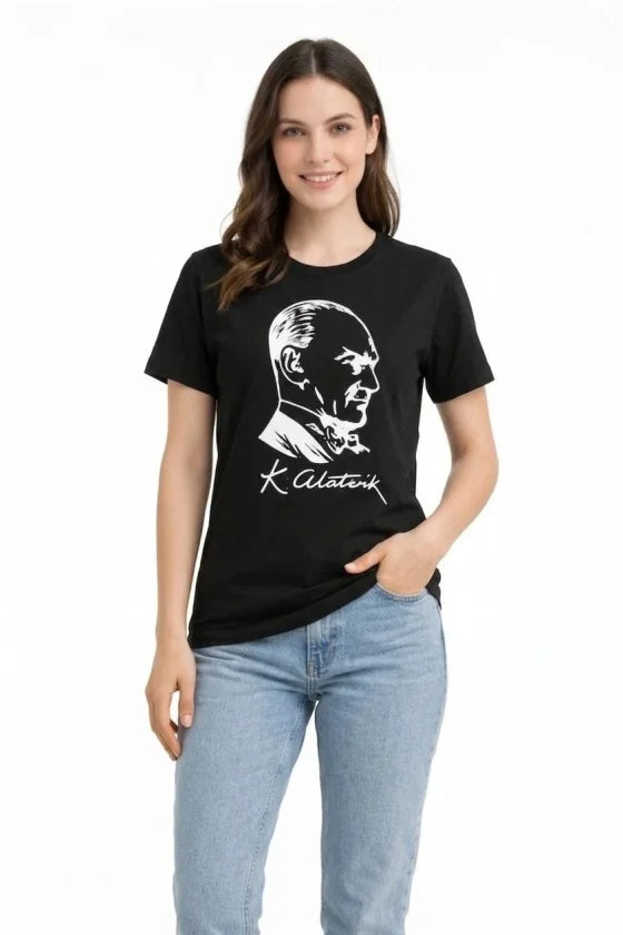 Atatürk Baskılı Tişört Kısa Kollu Bisiklet Yaka T-Shirt - Siyah (187656)