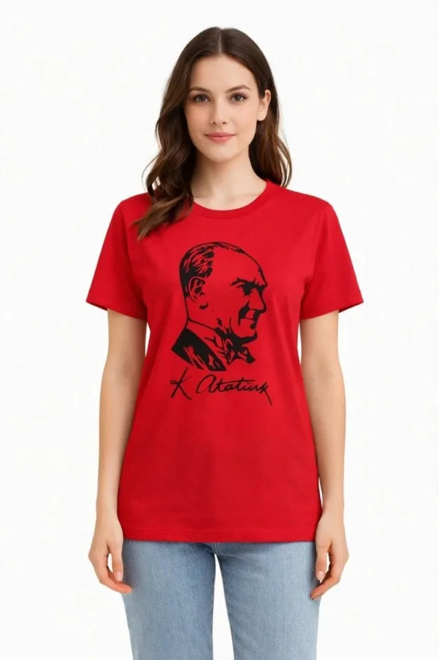 Atatürk Baskılı Tişört Kısa Kollu Bisiklet Yaka  T-Shirt - Kırmızı (187657)