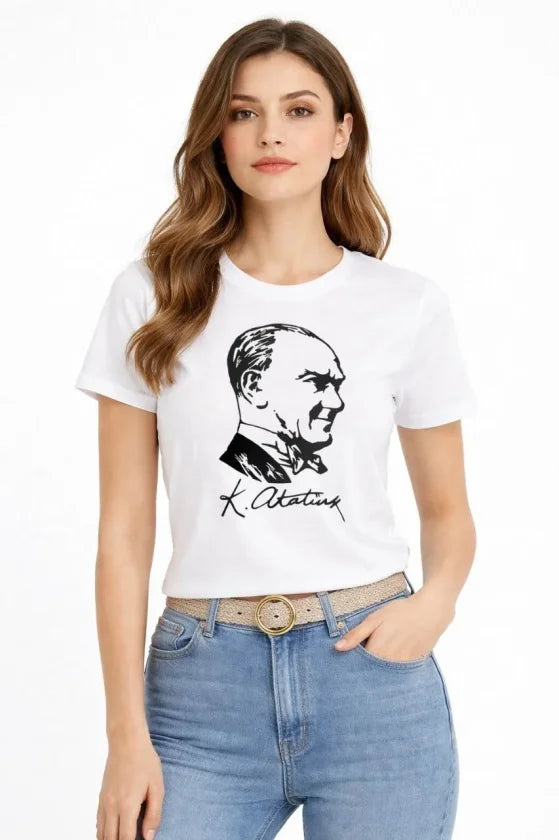 Atatürk Baskılı Tişört Kısa Kollu Bisiklet Yaka T-Shirt - Beyaz (187658)