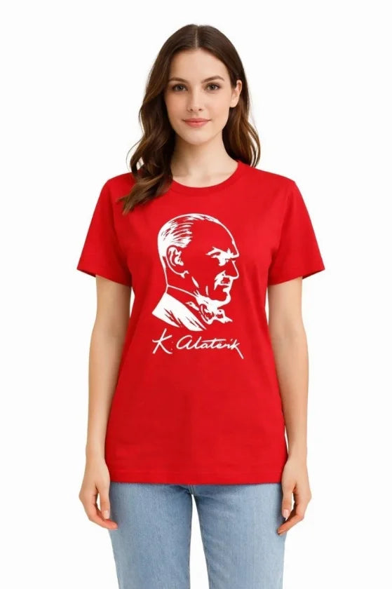 Atatürk Baskılı Tişört Kısa Kollu Bisiklet Yaka  T-Shirt - Kırmızı (187659)