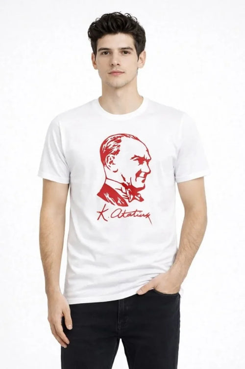 Erkek Atatürk Baskılı Tişört Kısa Kollu Bisiklet Yaka T-Shirt - Beyaz (187662)