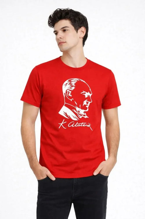 Erkek Atatürk Baskılı Tişört Kısa Kollu Bisiklet Yaka T-Shirt - Kırmızı (187664)