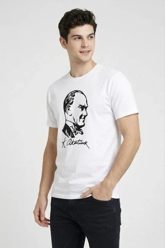 Erkek Atatürk Baskılı Tişört Kısa Kollu Bisiklet Yaka T-Shirt - Beyaz (187666)