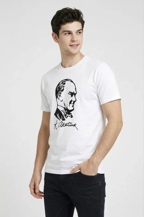 Erkek Atatürk Baskılı Tişört Kısa Kollu Bisiklet Yaka T-Shirt - Beyaz (187666)