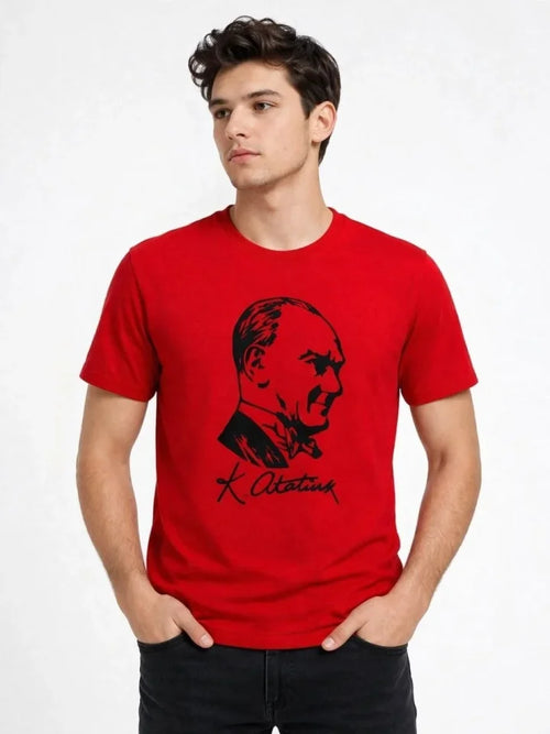 Erkek Atatürk Baskılı Tişört Kısa Kollu Bisiklet Yaka T-Shirt - Kırmızı (187667)