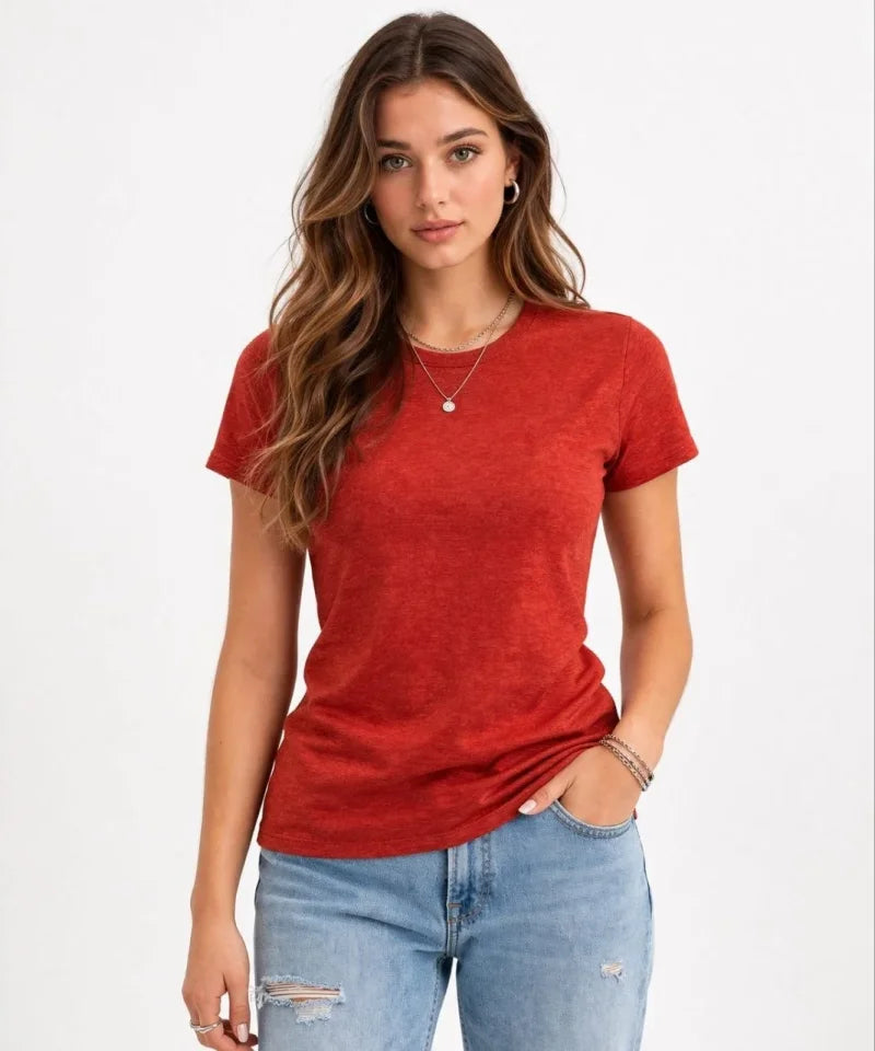 Flam Kumaş Melanj Dokulu Regular Fit Tişört Bisiklet Yaka Yazlık T-Shirt - Kiremit (187677)