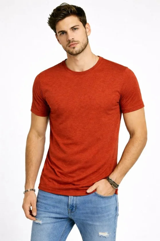 Erkek Flam Kumaş Melanj Dokulu Regular Fit Tişört Bisiklet Yaka Yazlık T-Shirt - Kiremit (187681)