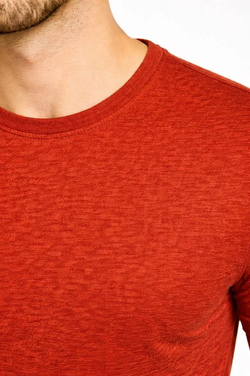 Erkek Flam Kumaş Melanj Dokulu Regular Fit Tişört Bisiklet Yaka Yazlık T-Shirt - Kiremit (187681)