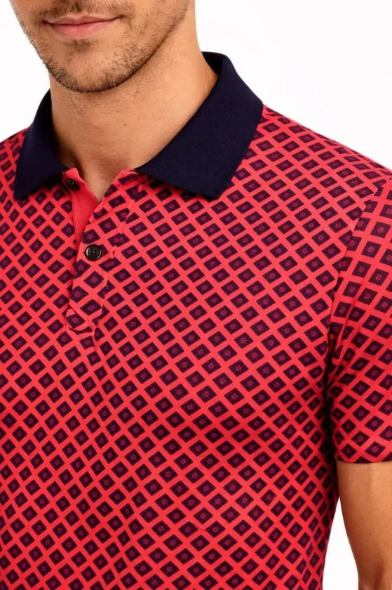 Erkek Pike Kumaş Polo Yaka Desenli Tişört Kısa Kol Yazlık T-Shirt - Kırmızı (187684)