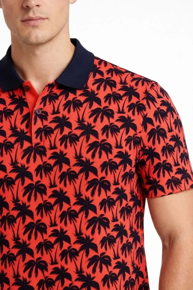 Erkek Pike Kumaş Polo Yaka Palmiye Desenli Tişört Kısa Kol Yazlık T-Shirt - Kırmızı (187687)