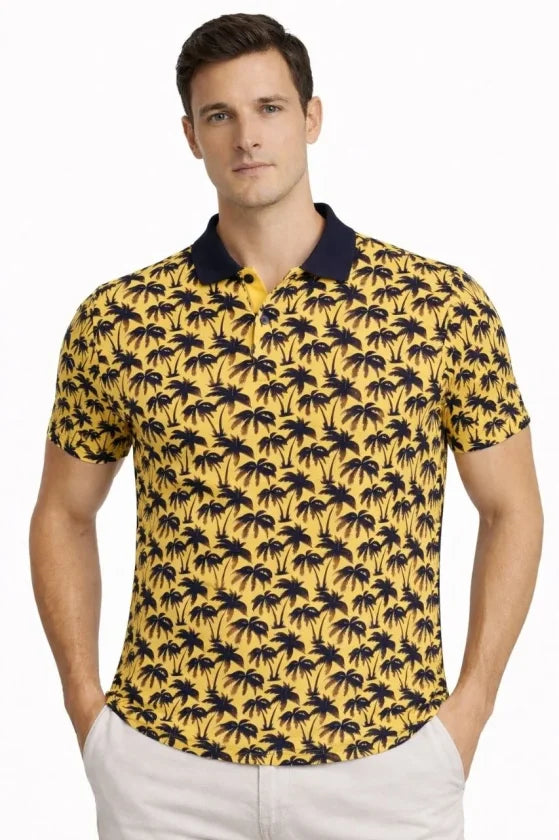 Erkek Pike Kumaş Polo Yaka Palmiye Desenli Tişört Kısa Kol Yazlık T-Shirt - Sarı (187689)