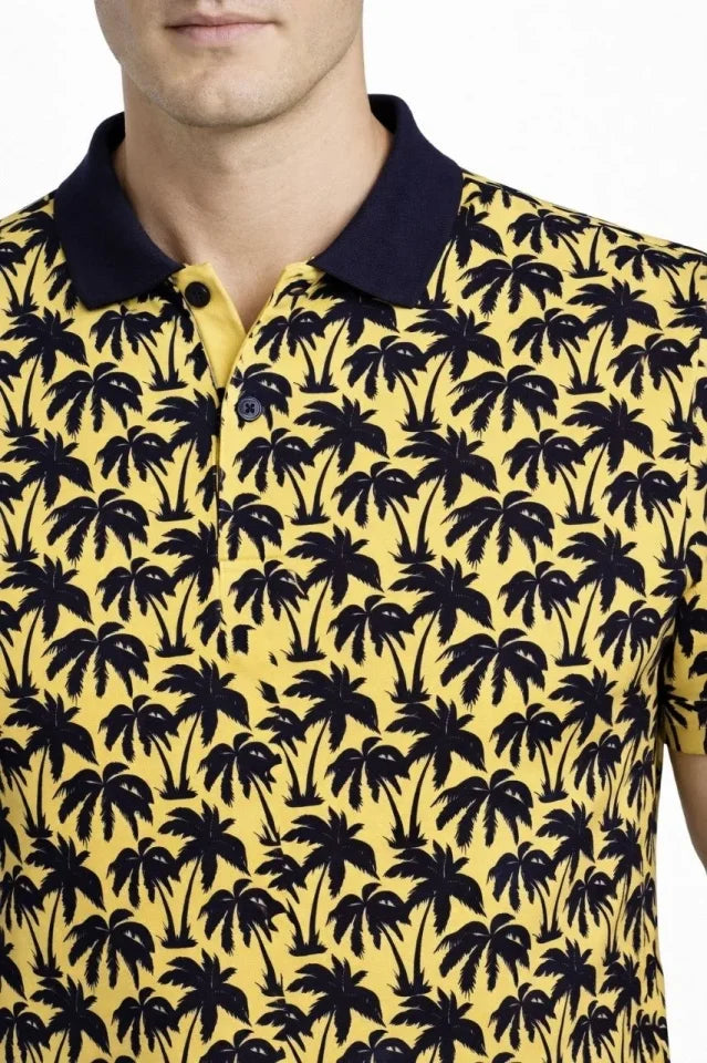 Erkek Pike Kumaş Polo Yaka Palmiye Desenli Tişört Kısa Kol Yazlık T-Shirt - Sarı (187689)