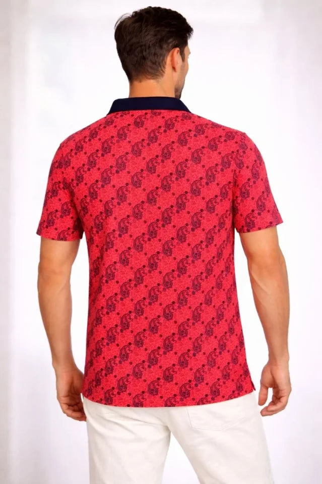 Erkek Pike Kumaş Polo Yaka Palmiye Desenli Tişört Kısa Kol Yazlık T-Shirt - Kırmızı (187690)
