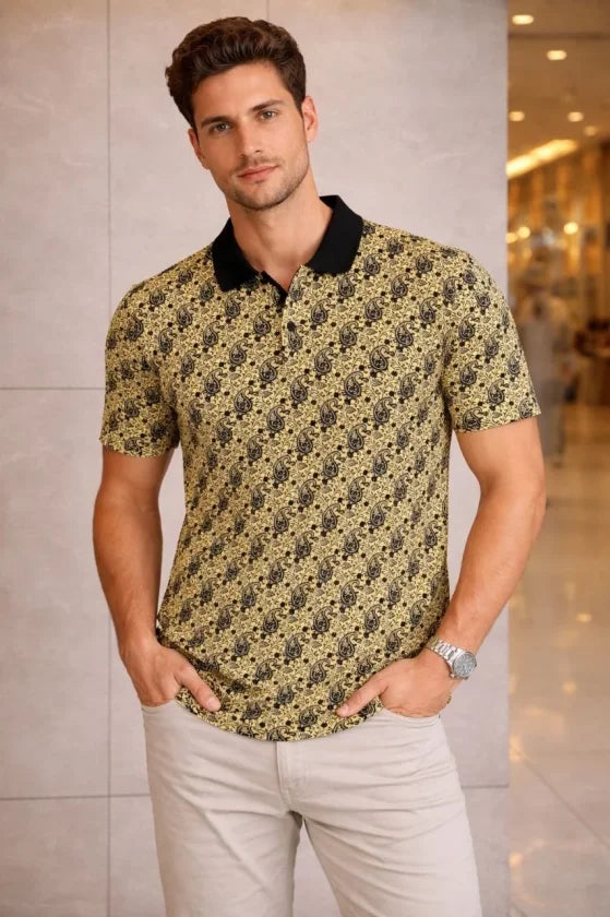 Erkek Pike Kumaş Polo Yaka Palmiye Desenli Tişört Kısa Kol Yazlık T-Shirt - Sarı (187691)