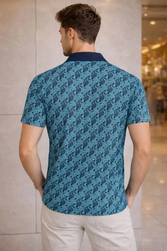 Erkek Pike Kumaş Polo Yaka Palmiye Desenli Tişört Kısa Kol Yazlık T-Shirt - Turkuaz (187692)