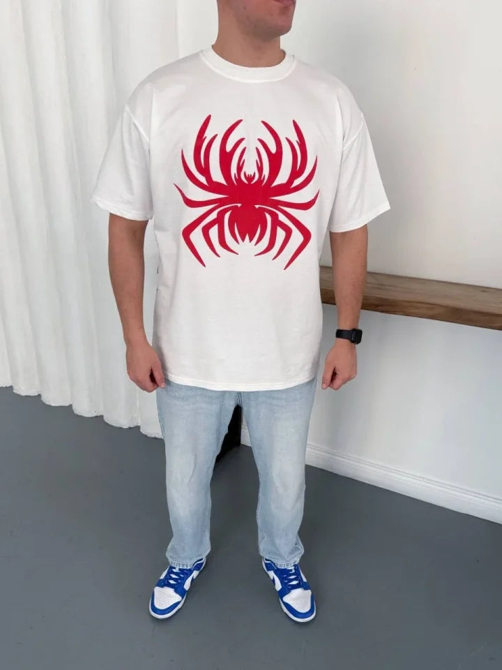 Erkek Örümcek Baskılı Tişört Kısa Kollu Bisiklet Yaka T-Shirt - Beyaz (188103)
