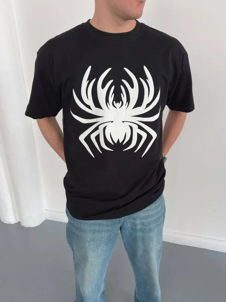 Erkek Örümcek Baskılı Tişört Kısa Kollu Bisiklet Yaka T-Shirt - Siyah (188104)