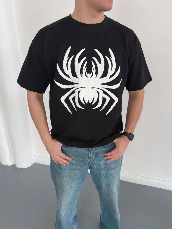 Erkek Örümcek Baskılı Tişört Kısa Kollu Bisiklet Yaka T-Shirt - Siyah (188104)