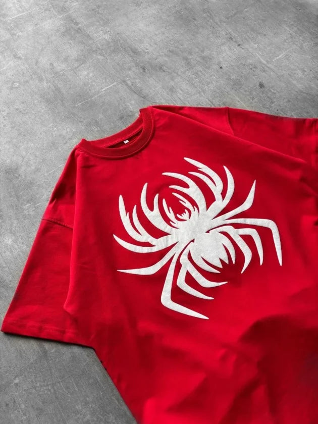 Erkek Örümcek Baskılı Tişört Kısa Kollu Bisiklet Yaka T-Shirt - Kırmızı (188105)
