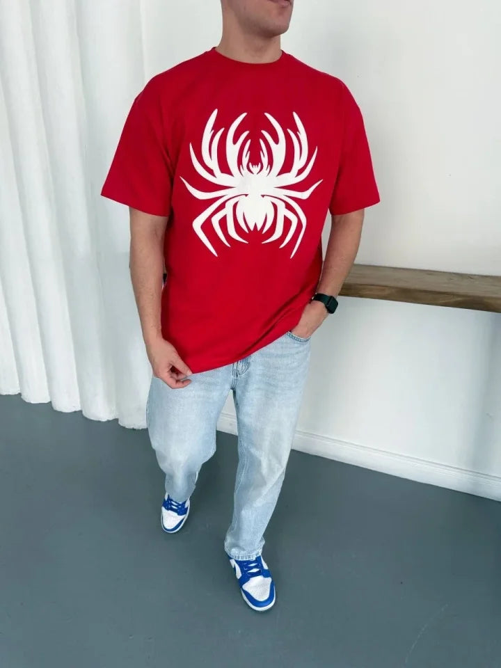 Erkek Örümcek Baskılı Tişört Kısa Kollu Bisiklet Yaka T-Shirt - Kırmızı (188105)