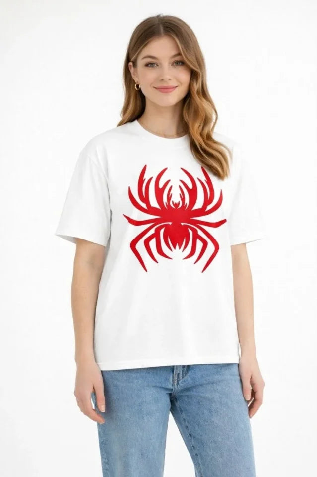 Örümcek Baskılı Tişört Kısa Kollu Bisiklet Yaka T-Shirt - Beyaz (188106)