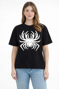 Örümcek Baskılı Tişört Kısa Kollu Bisiklet Yaka T-Shirt - Siyah (188107)