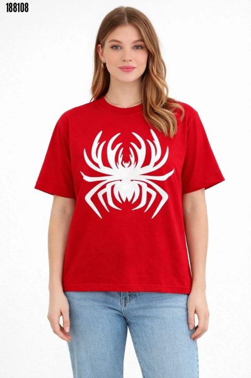 Örümcek Baskılı Tişört Kısa Kollu Bisiklet Yaka TShirt Kırmızı