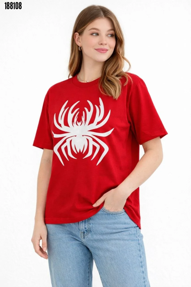 Örümcek Baskılı Tişört Kısa Kollu Bisiklet Yaka TShirt Kırmızı