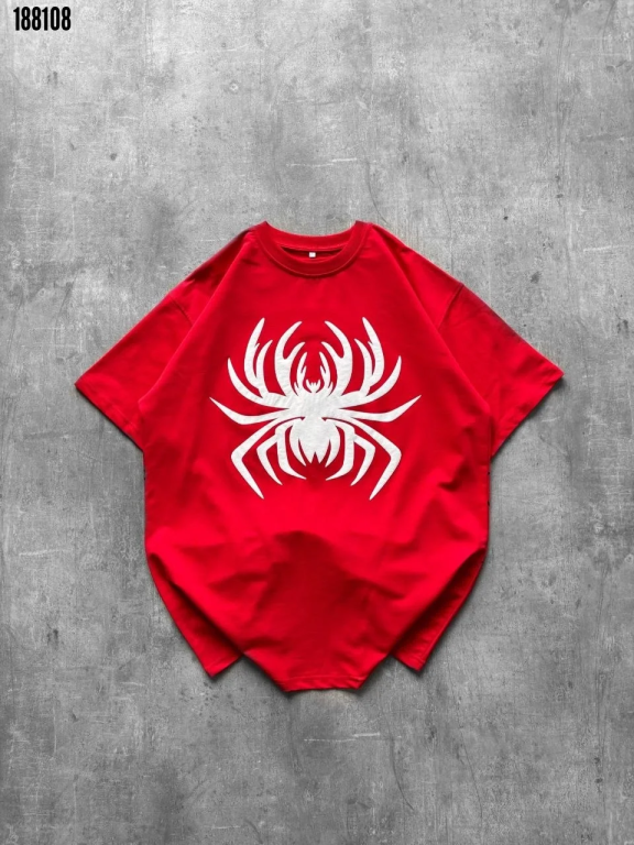 Örümcek Baskılı Tişört Kısa Kollu Bisiklet Yaka TShirt Kırmızı