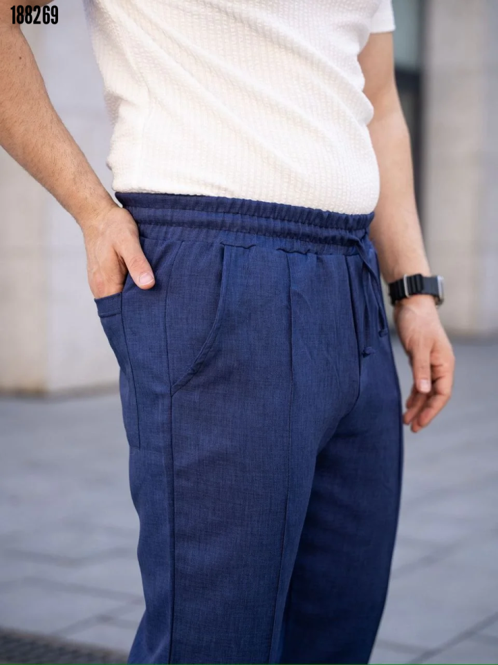 Erkek keten jogger pantolon lacivert - yan
