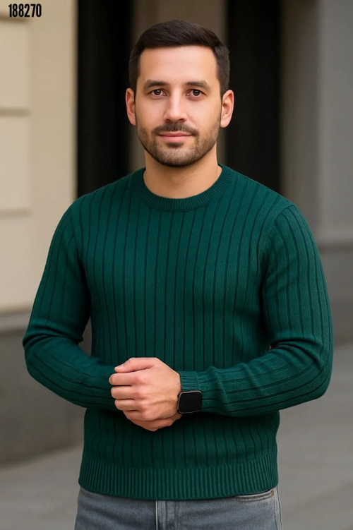 Erkek Fitilli Triko Kazak 2li Set Siyah Haki Kalın Dokuma Pamuklu Regular Fit Bisiklet