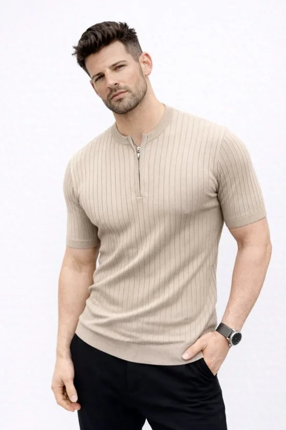 Erkek Kısa Kol Fitilli Triko T-Shirt Yazlık Hakim Yaka Tişört - Bej (188278)