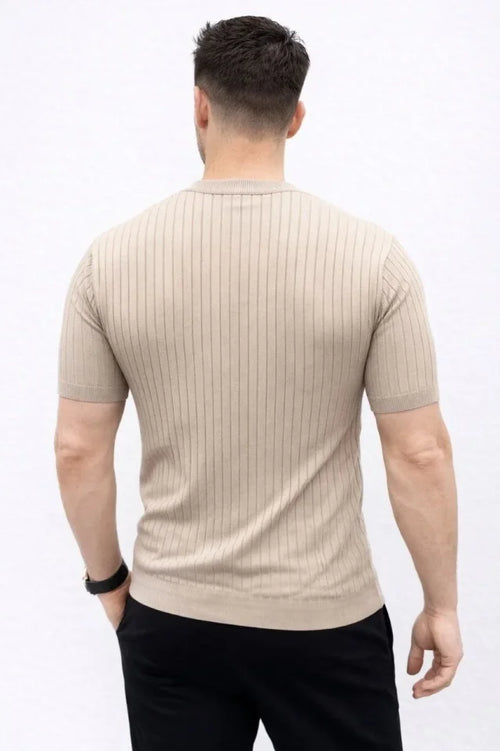 Erkek Kısa Kol Fitilli Triko T-Shirt Yazlık Hakim Yaka Tişört - Bej (188278)