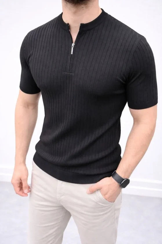 Erkek Kısa Kol Fitilli Triko T-Shirt Yazlık Hakim Yaka Tişört - Siyah (188280)